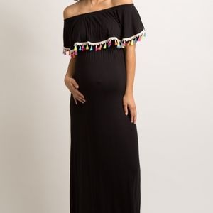 Black Tassel Trim Off Shoulder MaternityMaxi Dress